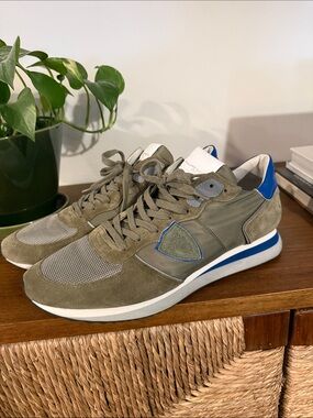 Philippe Model (Paris); Men’s Olive Green Suede & Mesh Sneakers with Blue Accent